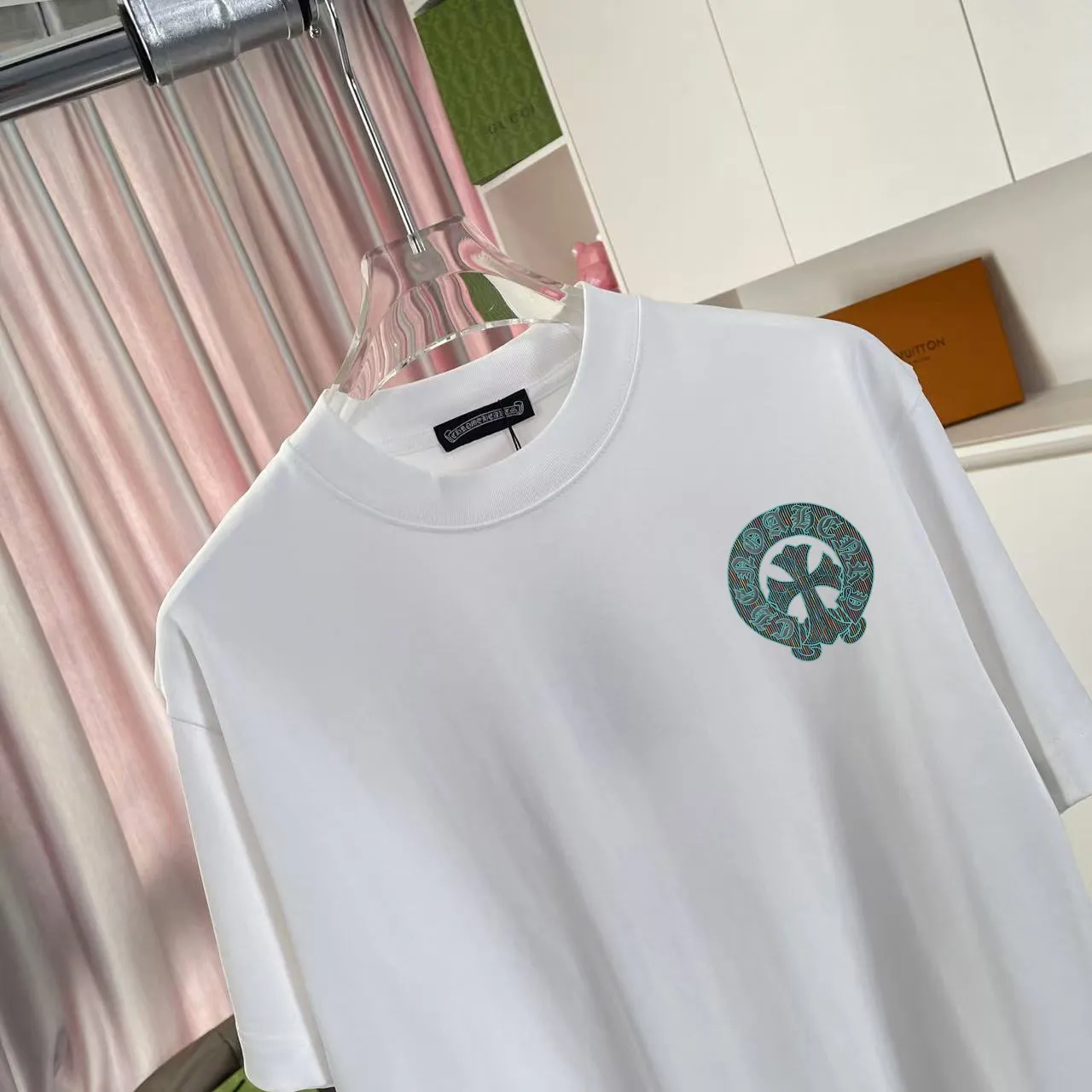 🅿️170 ch Crow*2025 summer new style Sanskrit cross horseshoe print short-sleeved T-shirt customized fabric 300g same style for men and women Size: S M L XL XXL five sizes Color: black white pink rose red iron gray